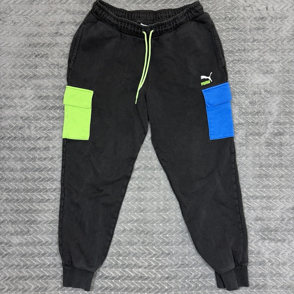 Puma Joggers Sweatpants Mens Large Black Pocket Colorblock Athletic Sporty